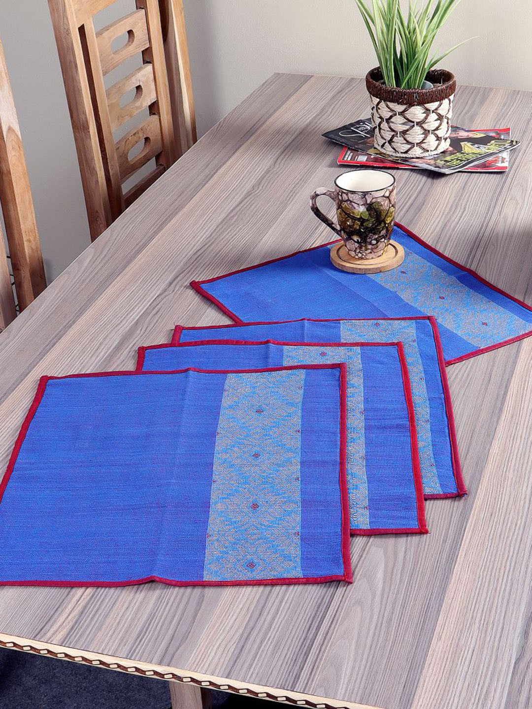 ArtEastri Set of 4 Blue & Red Ethnic Motif CottonTable Placemat
