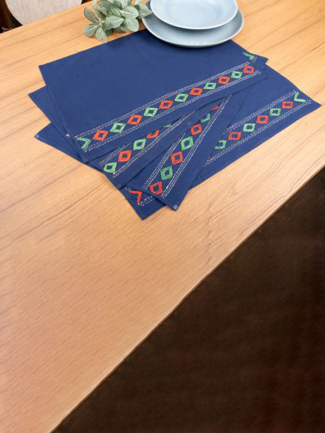 ArtEastri Set of 4 Blue & Red Kantha Embroidered Cotton Table Placemats
