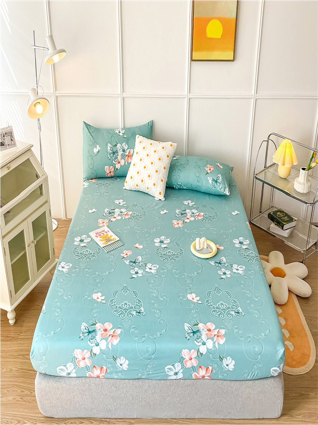 JC HOME Blue Floral Polycotton 150 TC Fitted Single Bedsheet with 3 Pillow Covers-47 x 79 inches