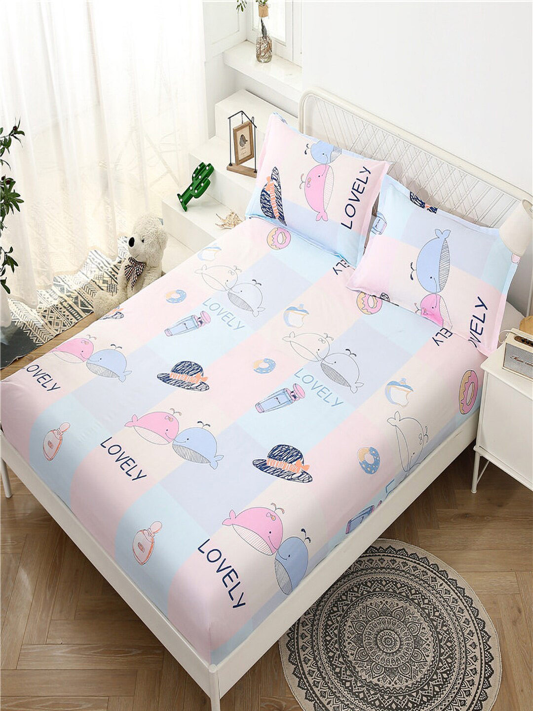 JC HOME Pink Conversational Polycotton 140 TC Fitted Single Bedsheet with a Pillow Cover-120 x 200 cm