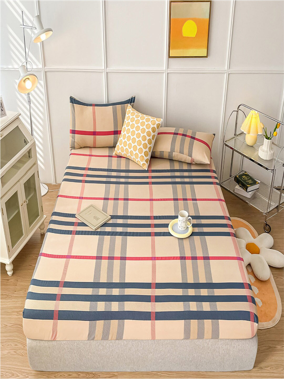 JC HOME Premium Orange Checked Polycotton 150 TC Fitted Single Bedsheet with a Pillow Cover-120 x 200 cm