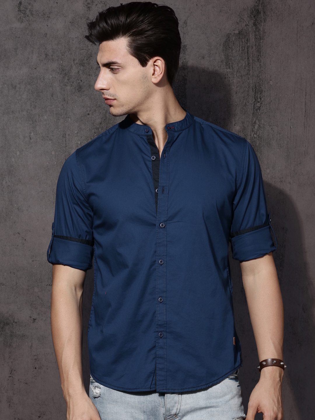 Roadster Men Navy Blue Regular Fit Solid Mandarin Collar Casual Shirt ...