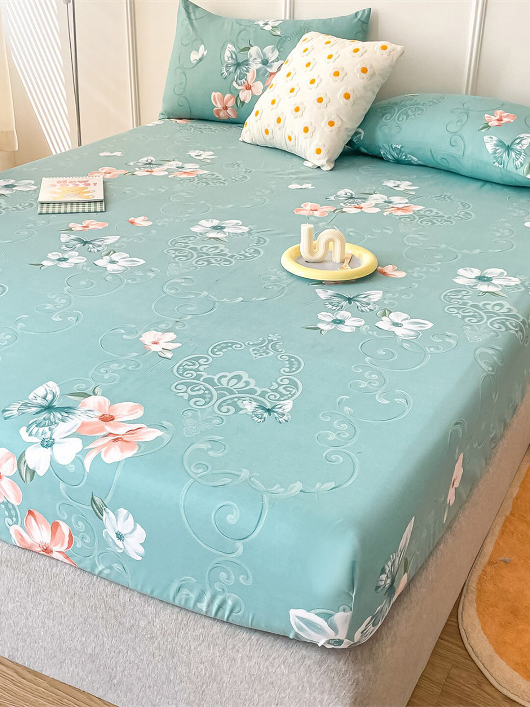 JC HOME Blue Floral Polycotton 150 TC Fitted Queen Bedsheet with 2 Pillow Covers-59 x 79 inches