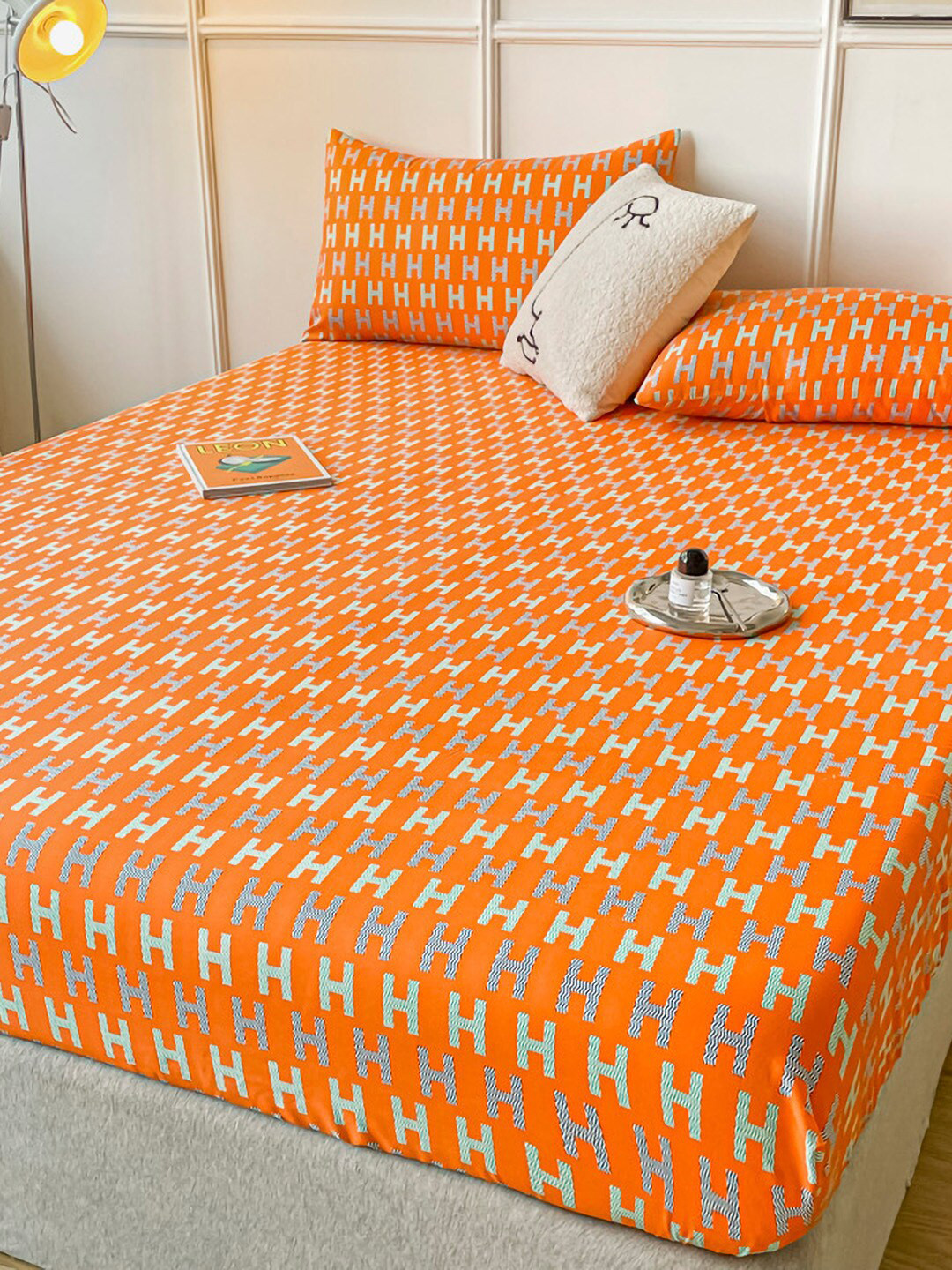 JC HOME Orange Typography Polycotton 150 TC Fitted Single Bedsheet with a Pillow Cover-120 x 200 cm