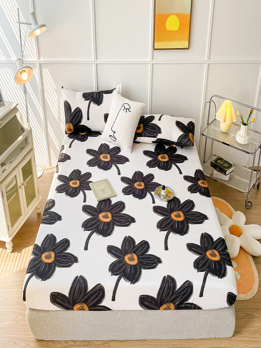 JC HOME White Floral Polycotton 150 TC Fitted Queen Bedsheet with 2 Pillow Covers-150 x 200 cm