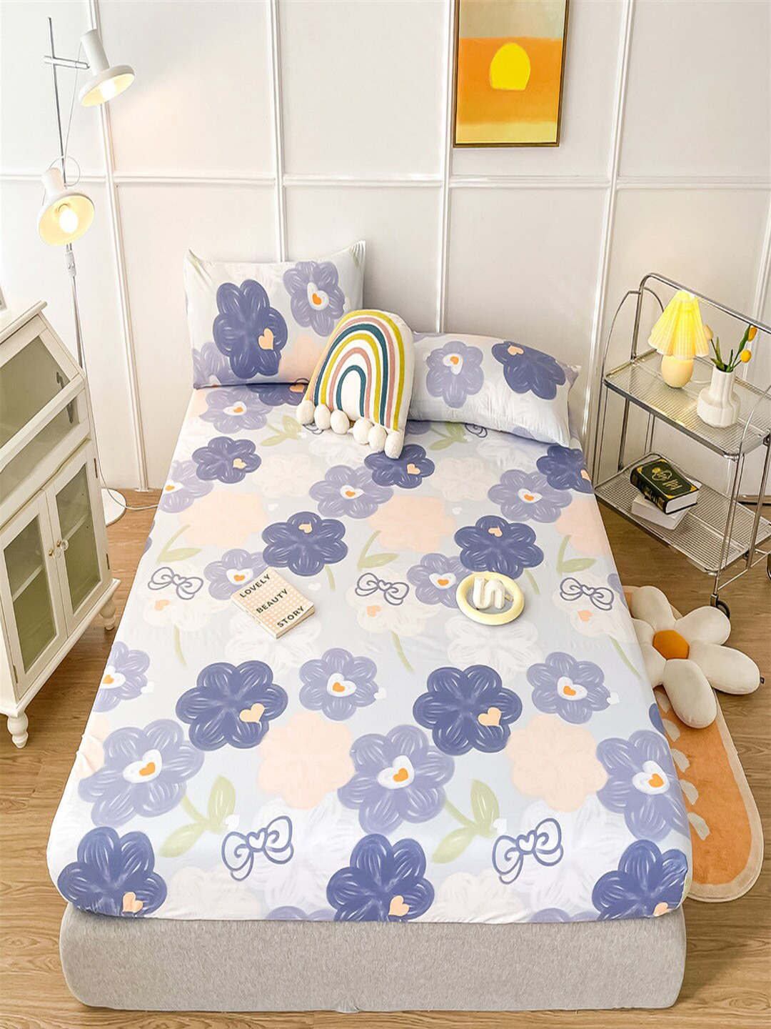 JC HOME Purple Floral Polycotton 150 TC Fitted Double Bedsheet with a Pillow Cover-47 x 79 inches