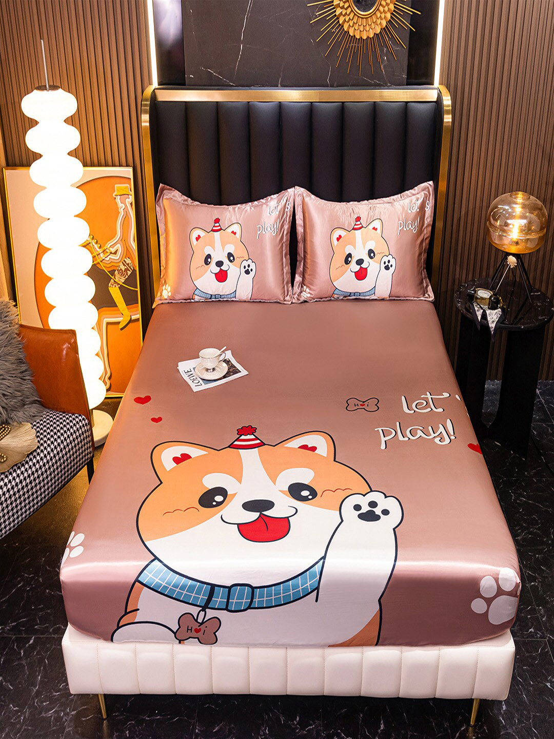 JC HOME Champagne Cartoon Characters Polycotton 160 TC Fitted Queen Bedsheet with 2 Pillow Covers-59 x 79 inches