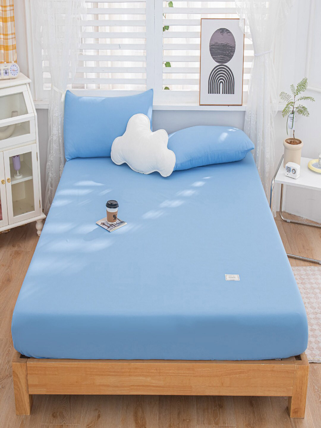 JC HOME Blue Solid Polycotton 150 TC Fitted Queen Bedsheet with 2 Pillow Covers-150 x 200 cm