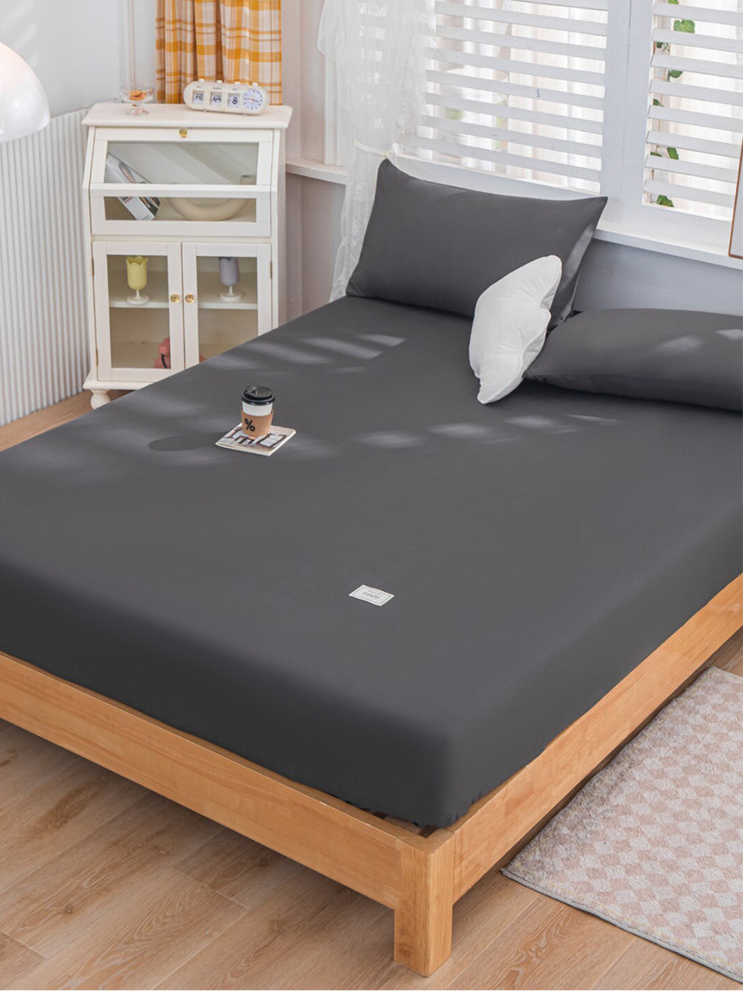 JC HOME Royal Passion Grey Polycotton 150 TC Fitted Double Bedsheet with a Pillow Cover-47 x 79 inches