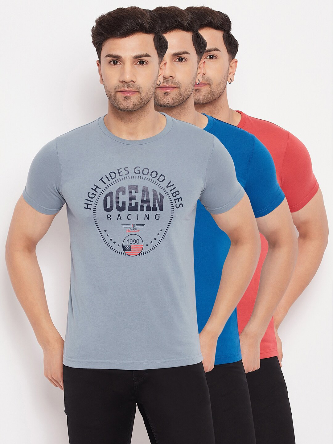 Duke Pack of 3 Typography Printed Cotton Slim Fit T-shirts