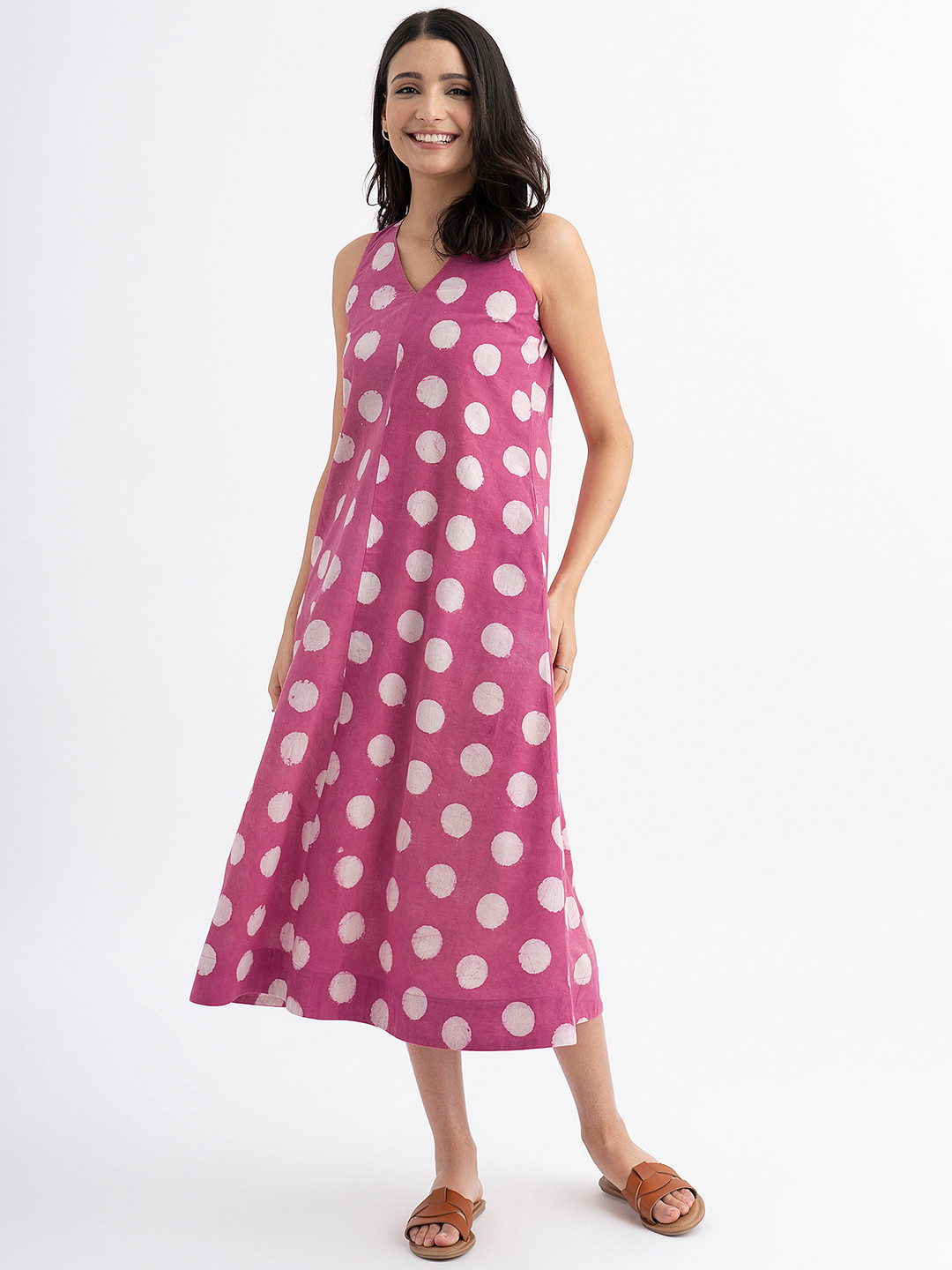Pink Fort Cotton Sleeveless Dabu Handblock Polka Printed Dress - Pink