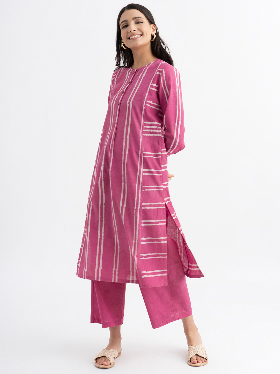 Pink Fort Striped Pure Cotton A-Line Kurta With Palazzos