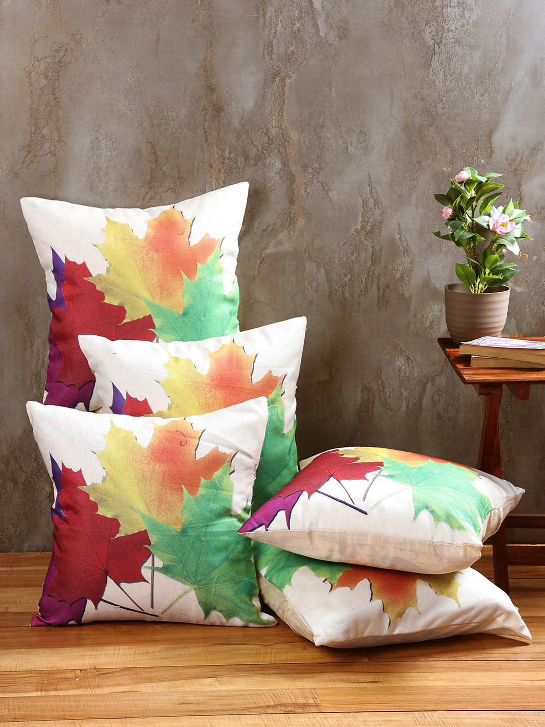 ROMEE White Leaf Polyester Jute Breathable 5 Piece Square Cushion Covers -16x16In