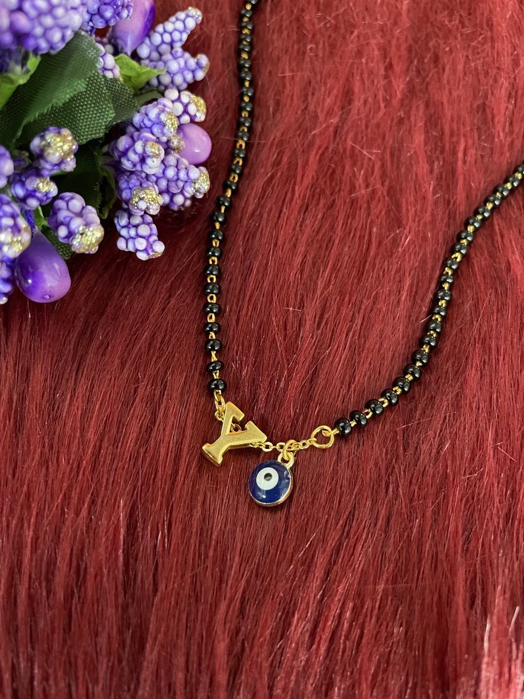 Digital Dress Room Gold-Plated Beaded J Letter Alphabet Evil Eye Mangalsutra