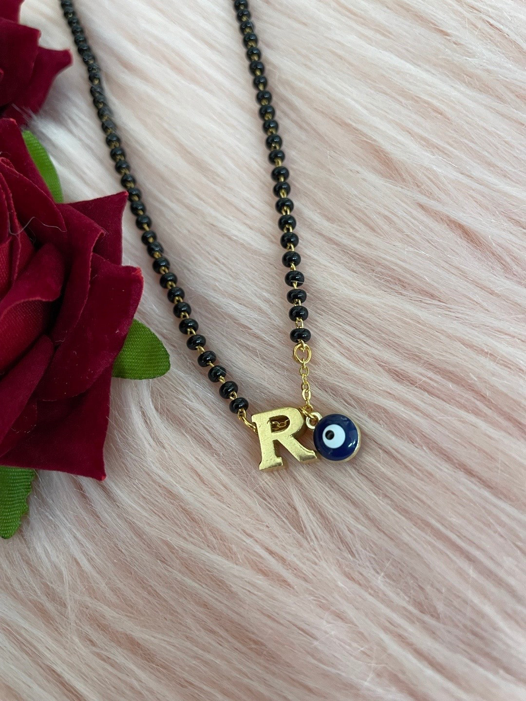 Digital Dress Room Gold-Plated Beaded R Letter Alphabet Evil Eye Mangalsutra