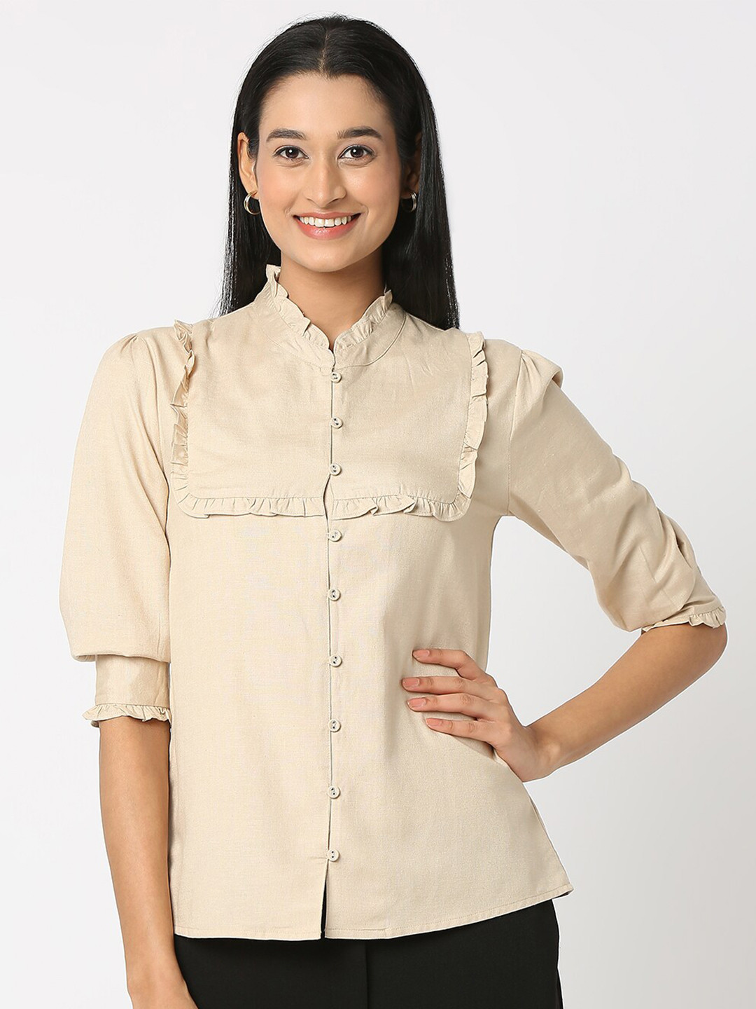 NOT SO PINK High Neck Puff Sleeves Ruffled Cotton Shirt Style Top