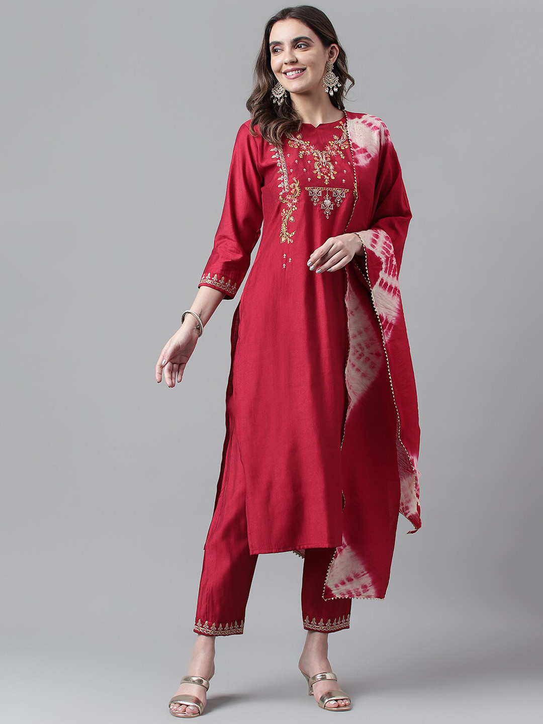 RAJGRANTH Maroon & Green Yoke Design Notched Neck Sequinned Kurta With Trousers & Dupatta