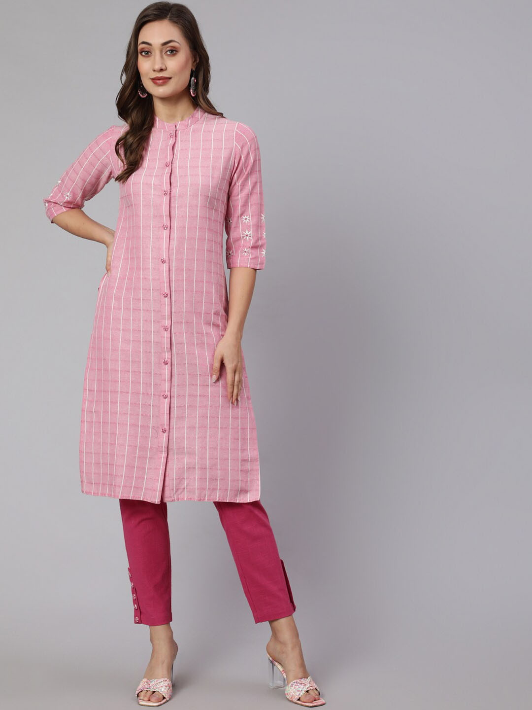 Jaipur Kurti Pink & White Checked Thread Work Kurta with Trousers