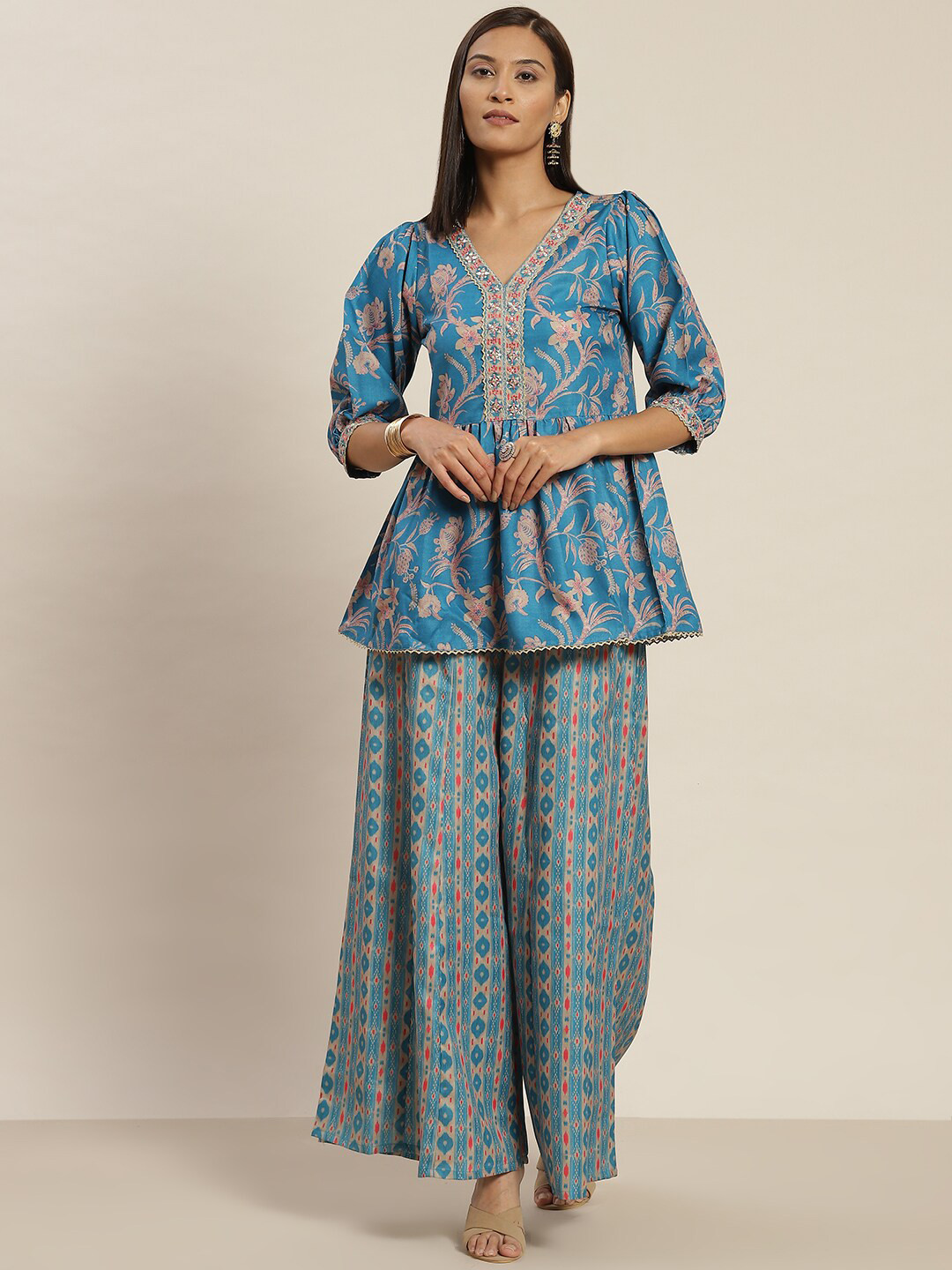 Jaipur Kurti Ethnic Motif Printed V-Neck Puff Sleeves Peplum Top With Palazzo Co-Ords