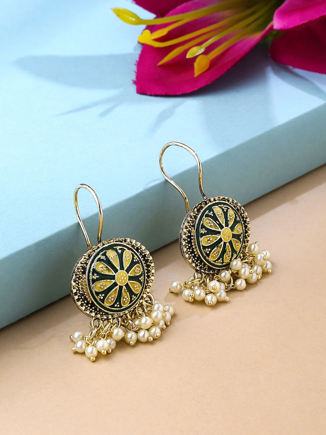 Yellow Chimes Gold-Plated Circualr Drop Earrings