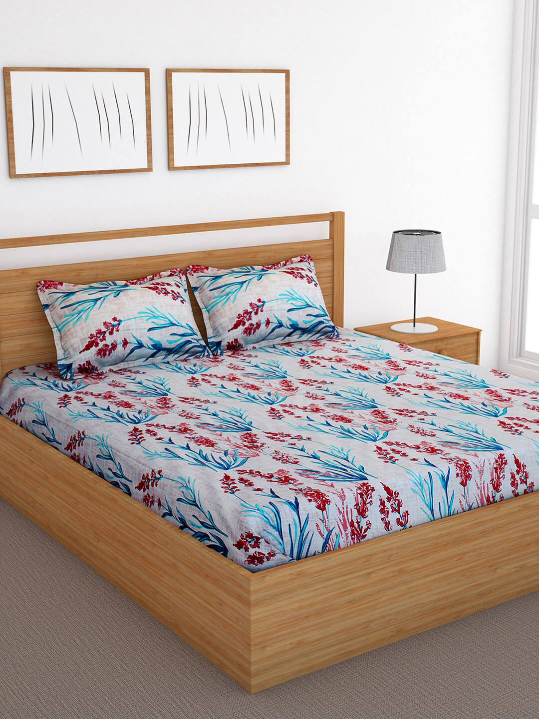 Bedspun Blue Floral Polyester 150 TC Queen Bedsheet with 2 Pillow Covers-87 x 89 inches