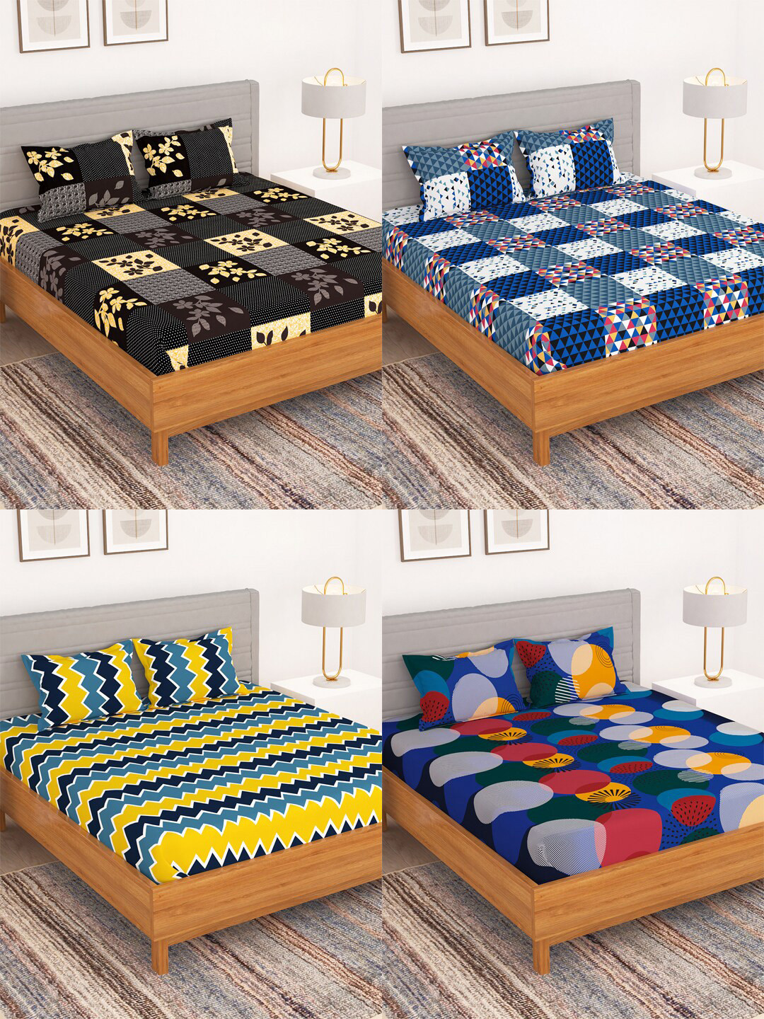 Bedspun Black & Blue Geometric 150 TC 4 Pieces Queen Bedsheet With Pillow Covers