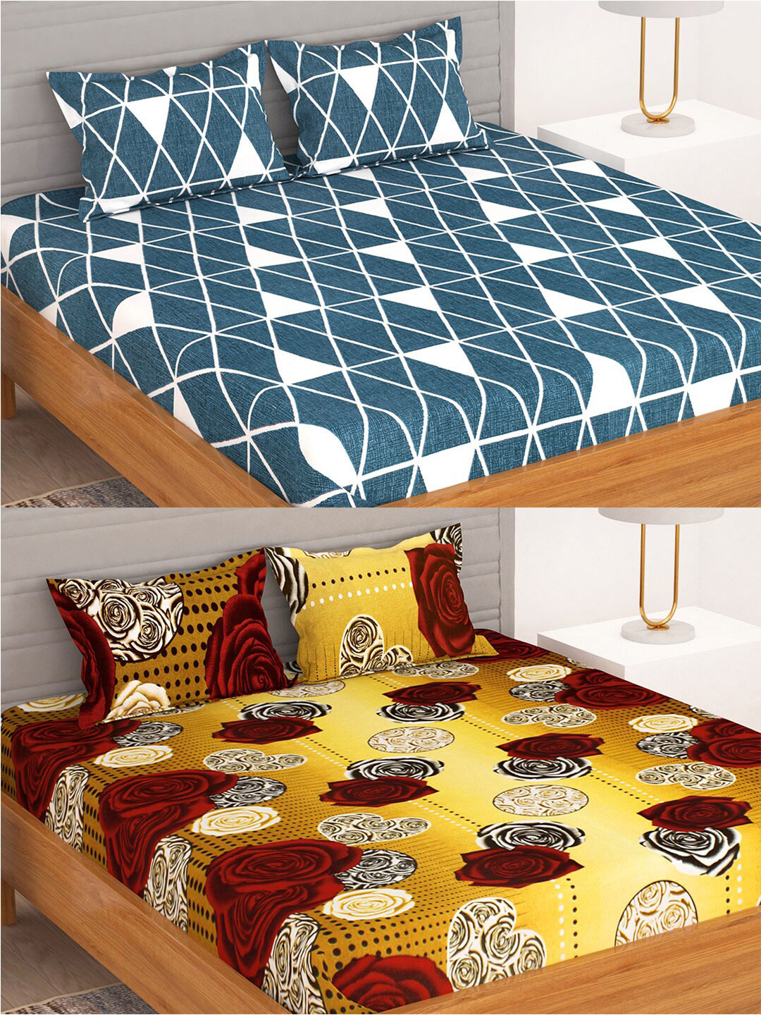 Bedspun Green & Yellow Geometric 150 TC 2 Pieces Queen Bedsheet With 4 Pillow Covers