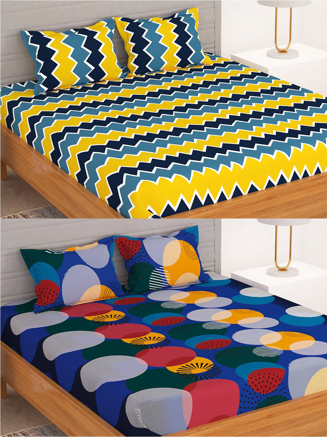 Bedspun Blue Geometric Polyester 150 TC Queen 2 Bedsheet with 4 Pillow Covers-87 x 89 inches
