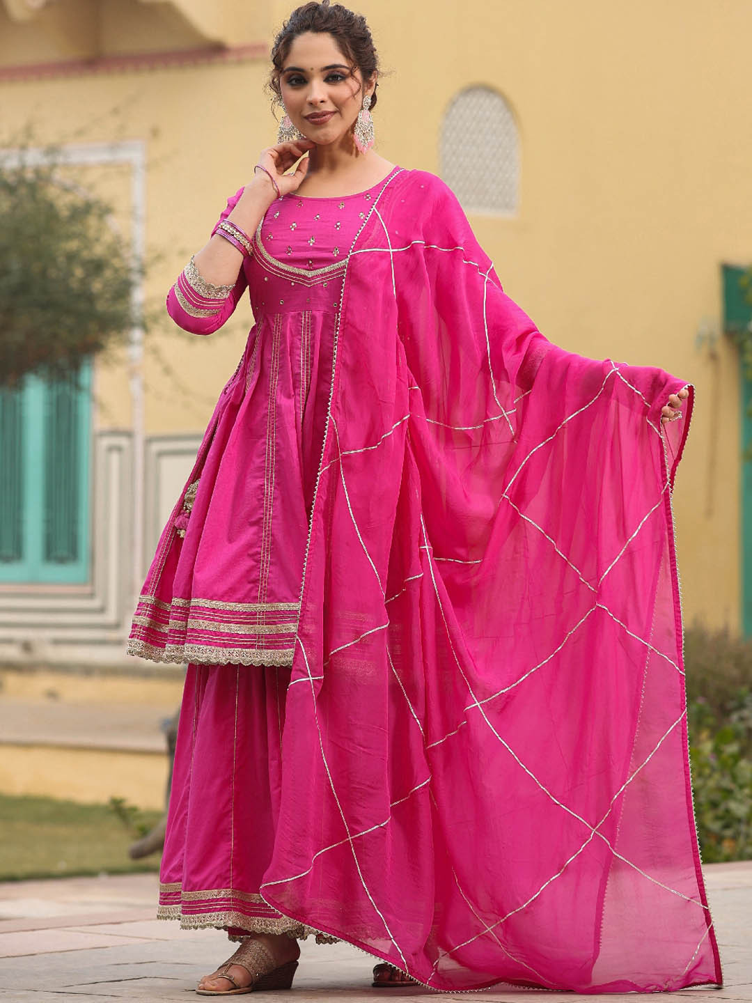 EverBloom Gotta Patti Mirror Work Pure Cotton Kurti with Sharara & Dupatta