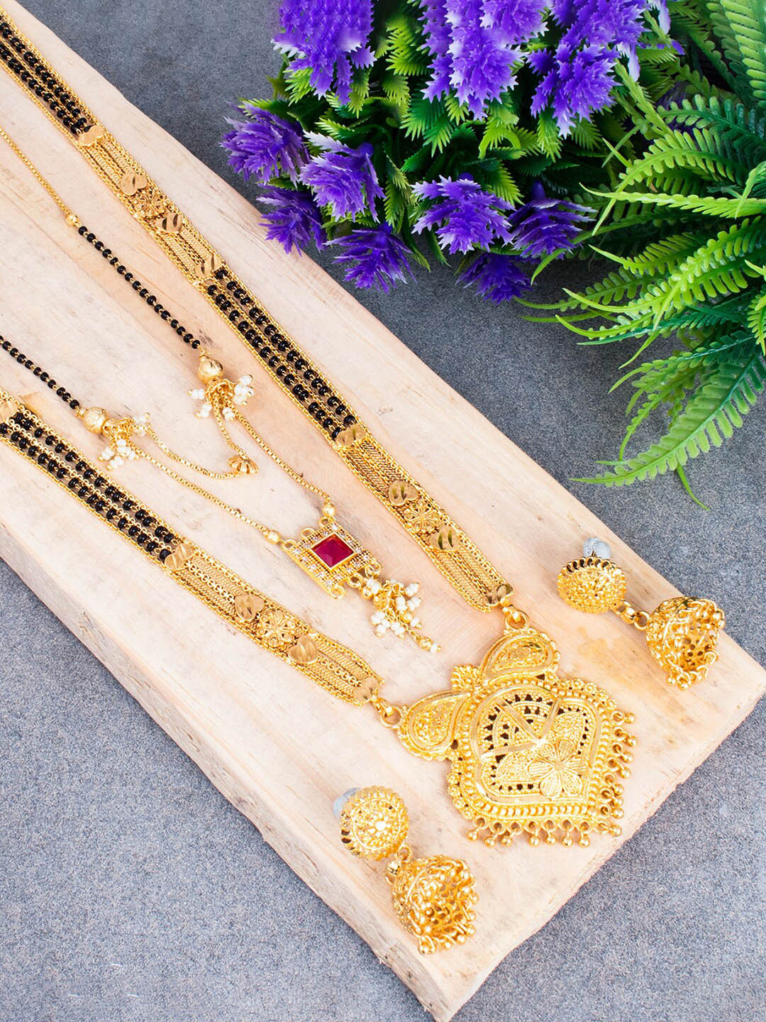 Sukkhi Set Of 3 Gold-Plated Stone-Studded & Beaded Mangalsutra Set