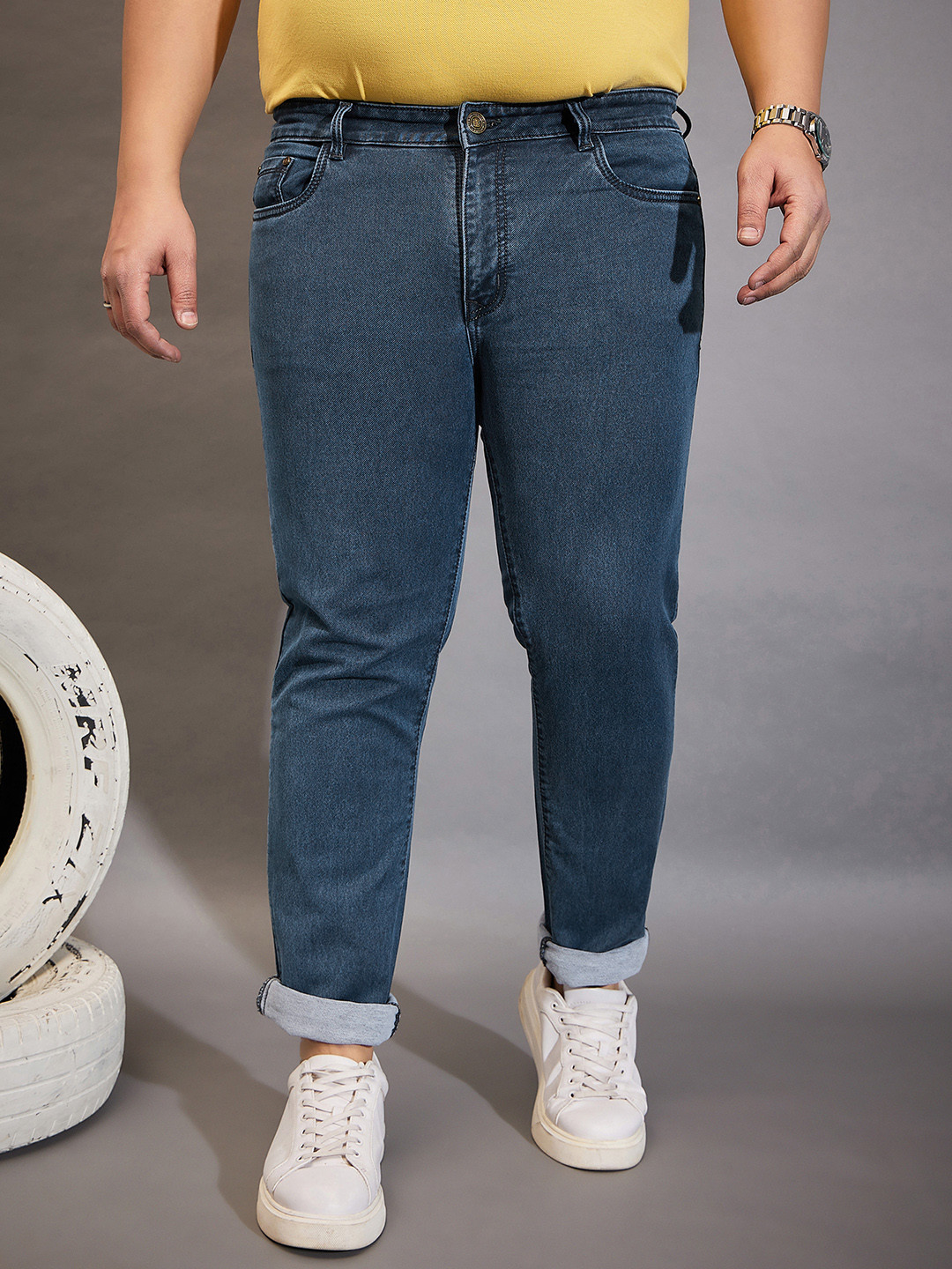 bigbanana Plus Size Solid Navy Blue Men Mid-Rise Stretchable Cotton Jeans
