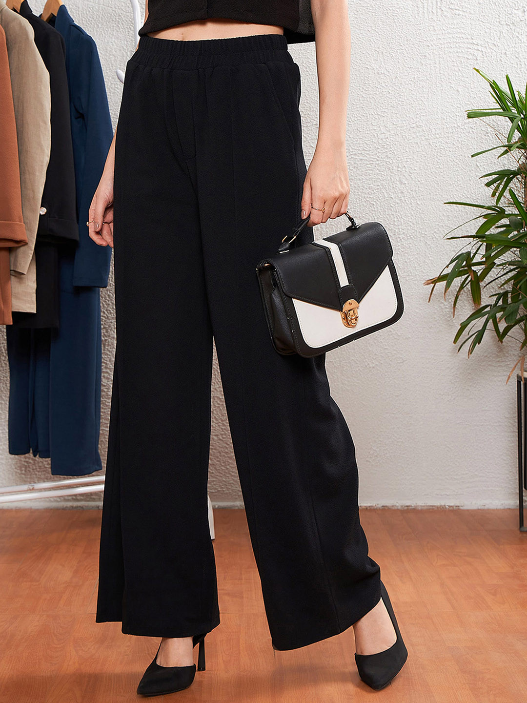 SASSAFRAS worklyf Women High-Rise Easy Wash Parallel Wide Leg Trousers