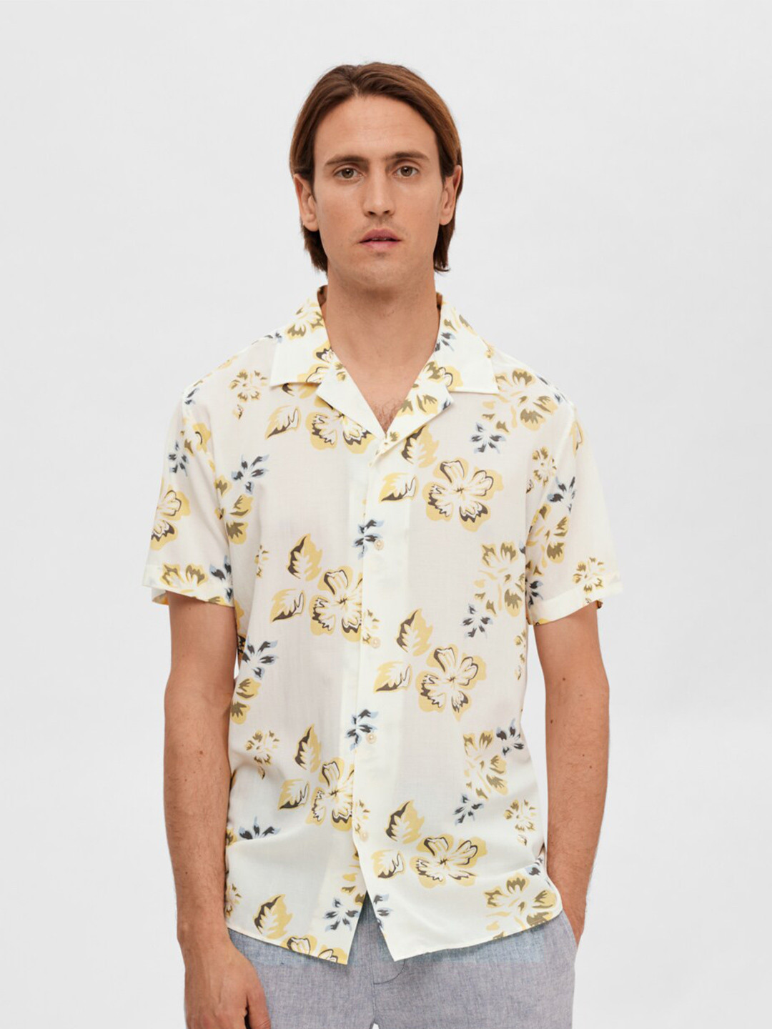 SELECTED Floral Printed Cuban Collar Modal Casual Shirt