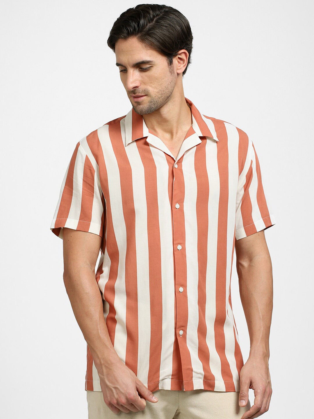 SELECTED Vertical Striped Cuban Collar Modal Casual Shirt