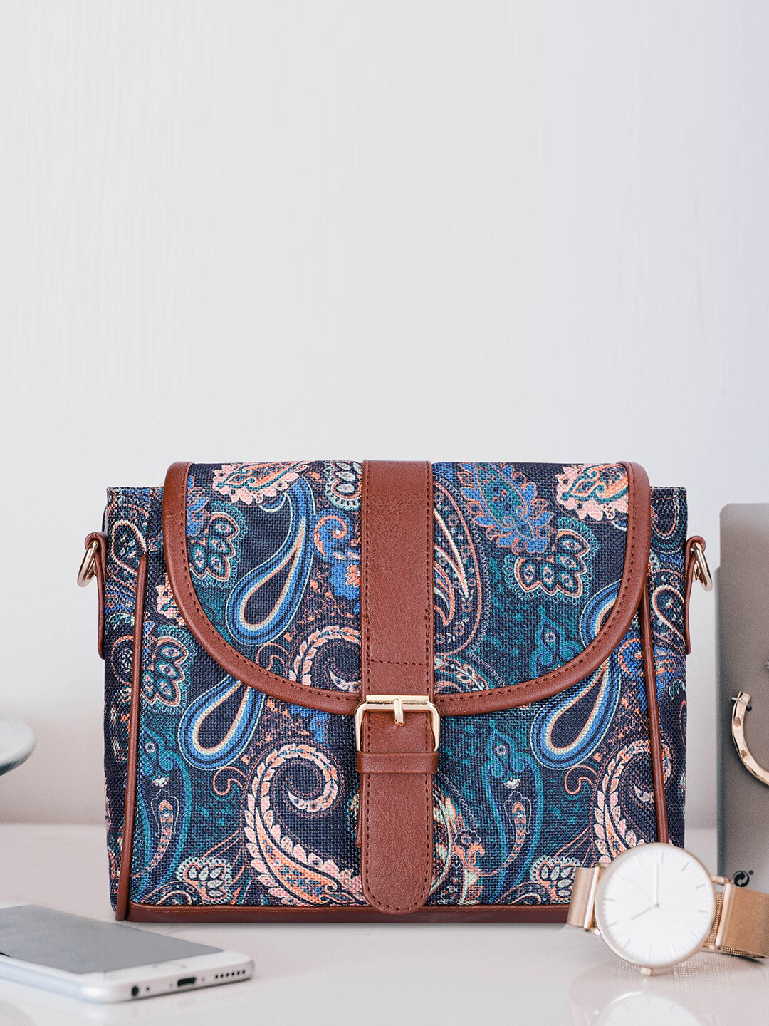 THE CLOWNFISH Madeline Ethnic Motifs Printed Structured Sling Bag