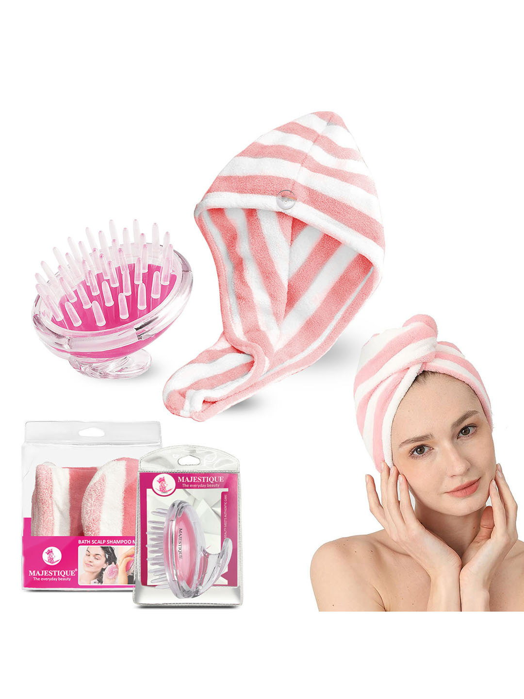 MAJESTIQUE Set of Hair Massager & Microfiber Towel - Assorted Colors