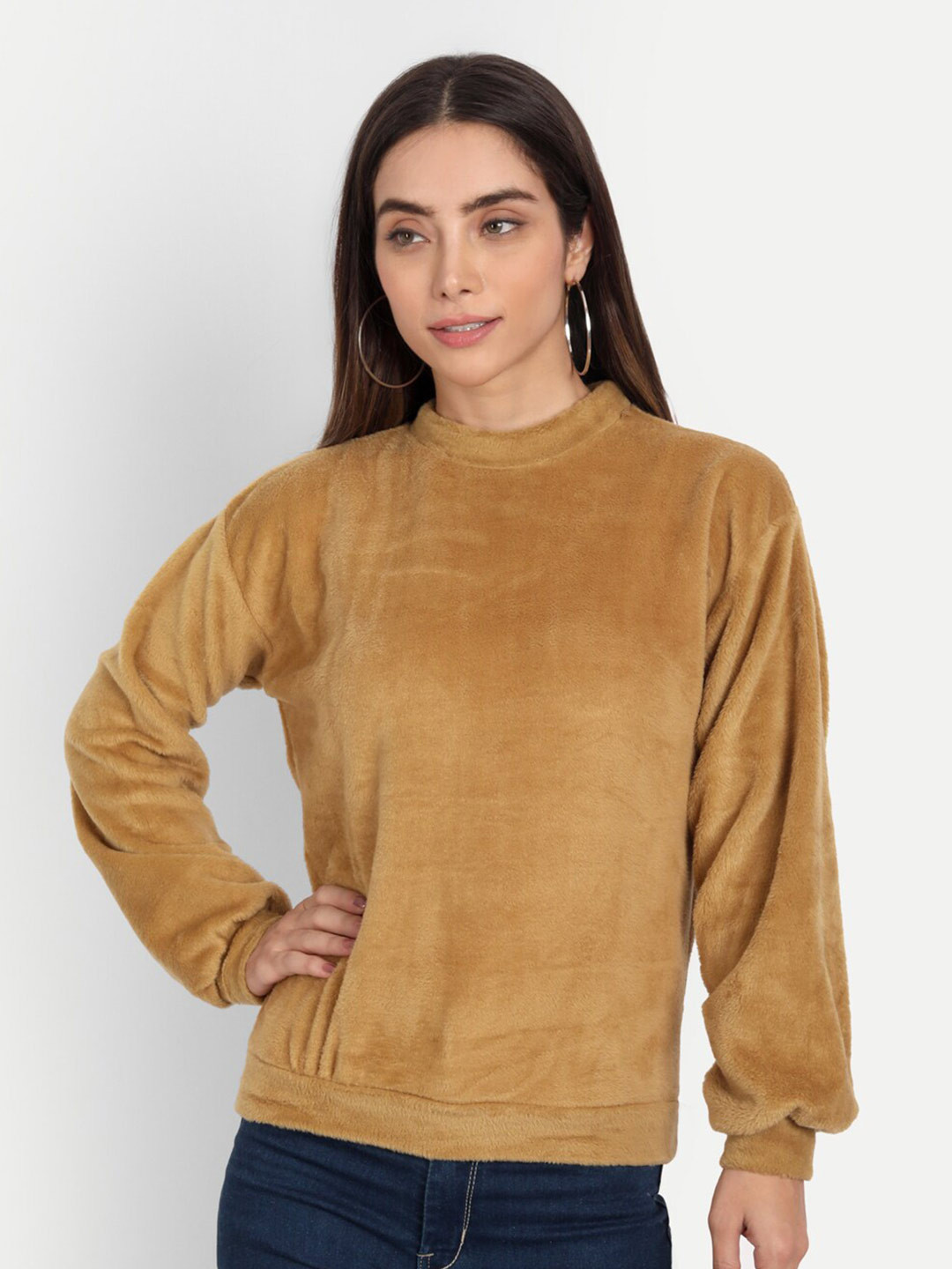 COLOR CAPITAL High Neck Cuff Sleeve Fur Top