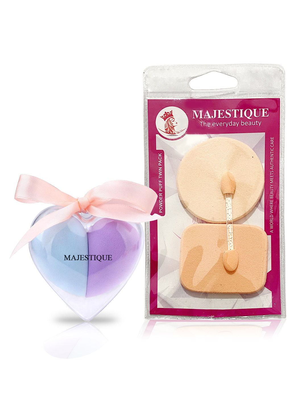 MAJESTIQUE Heart Shape Beauty Blender + 2Pcs Powder Puffs + Makeup Stick - Assorted