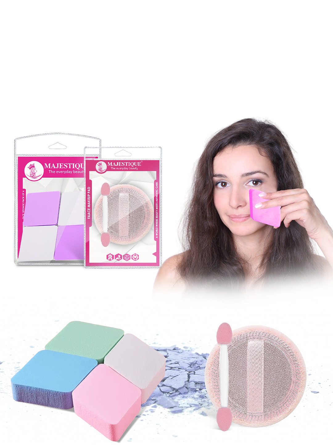 MAJESTIQUE Powder Puff & 4 Pcs Diamond-Shape Makeup Sponge