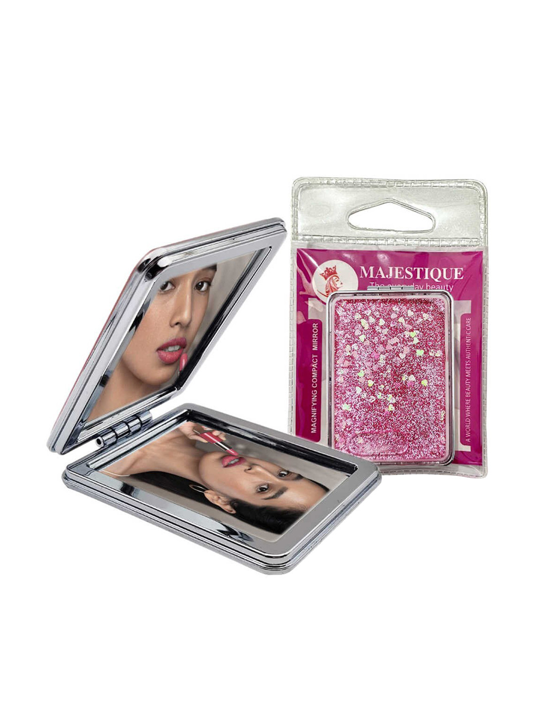 MAJESTIQUE Glitter Portable Double Sided Foldable Hand Makeup Mirror
