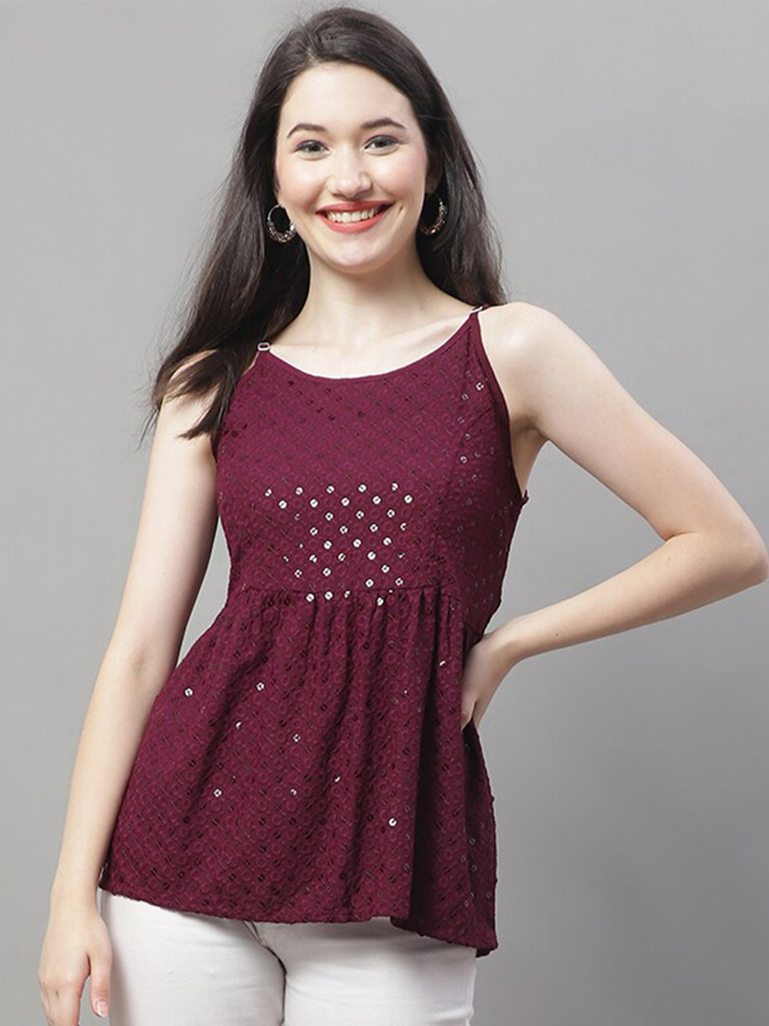JAINISH Self Design Round Neck Peplum Top