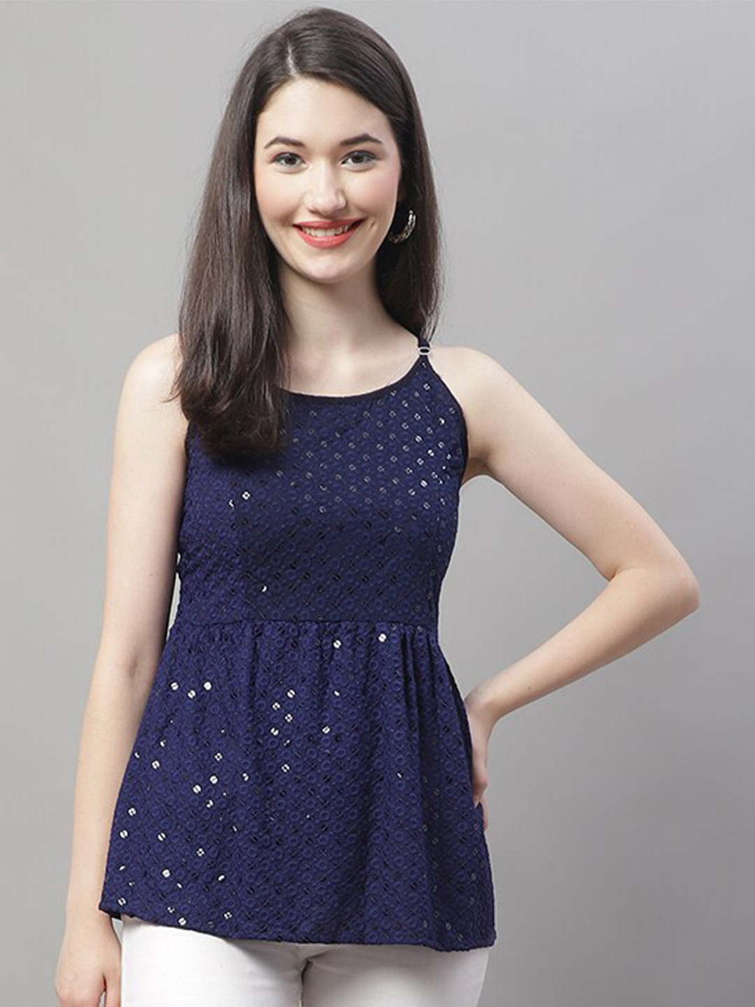 JAINISH Self Design Shoulder Straps Sequined Peplum Top