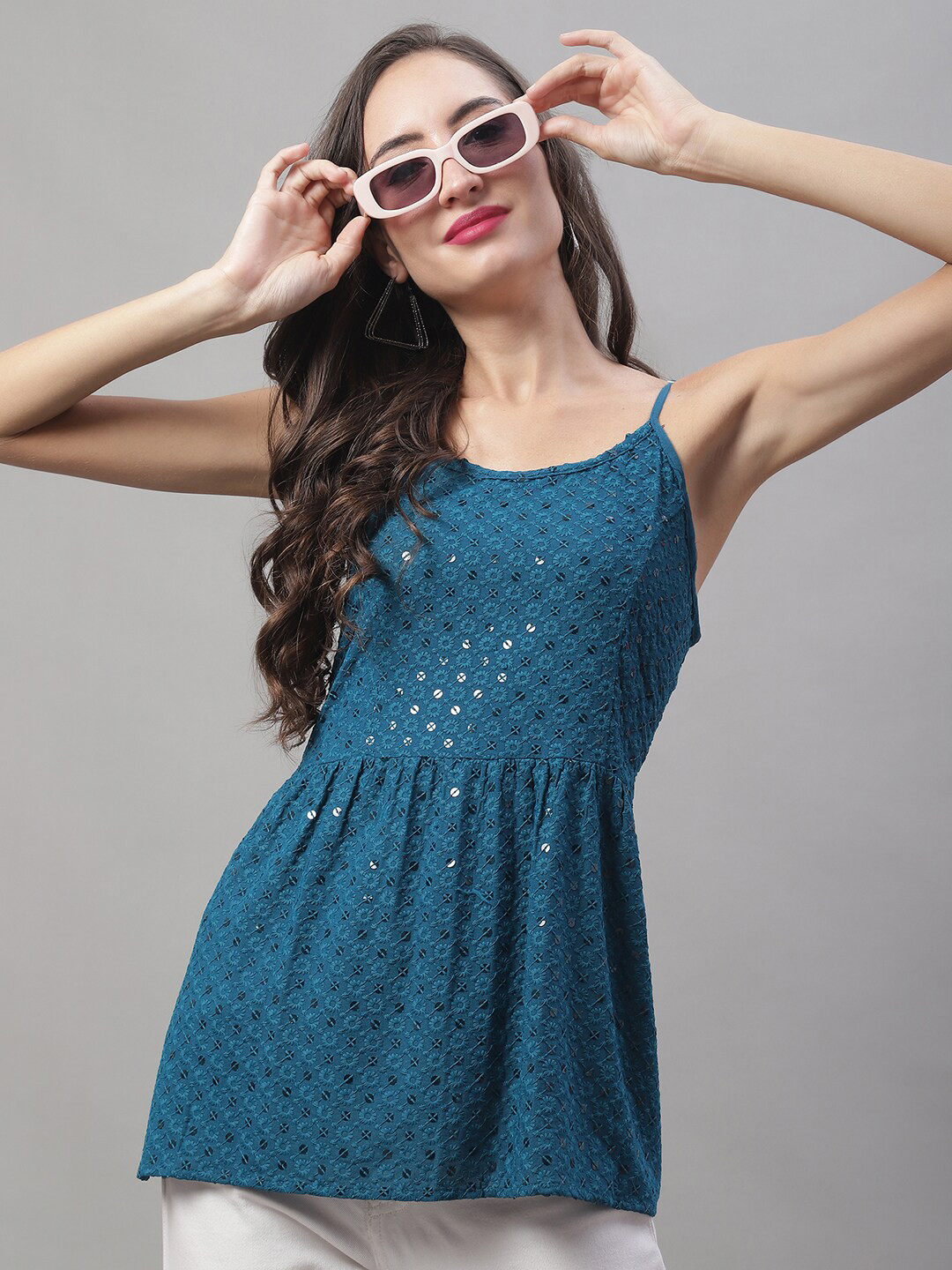 JAINISH Sequen Work Chikankari Peplum Top