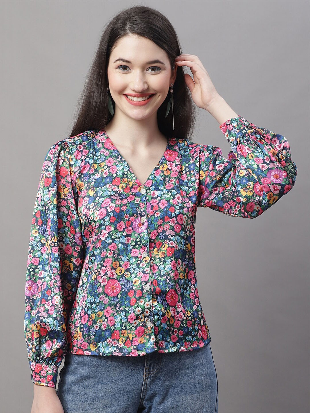 JAINISH Floral Printed V Neck Cuffed Sleeves Satin Shirt Style Top - Tops for Women 22855164 | Myntra