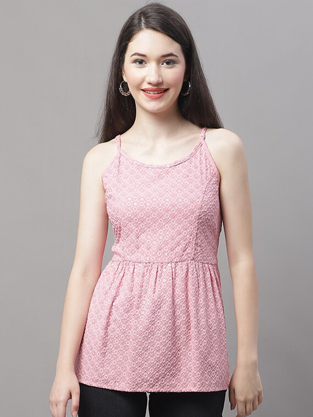 JAINISH Floral Embroidered Sleeveless Peplum Top