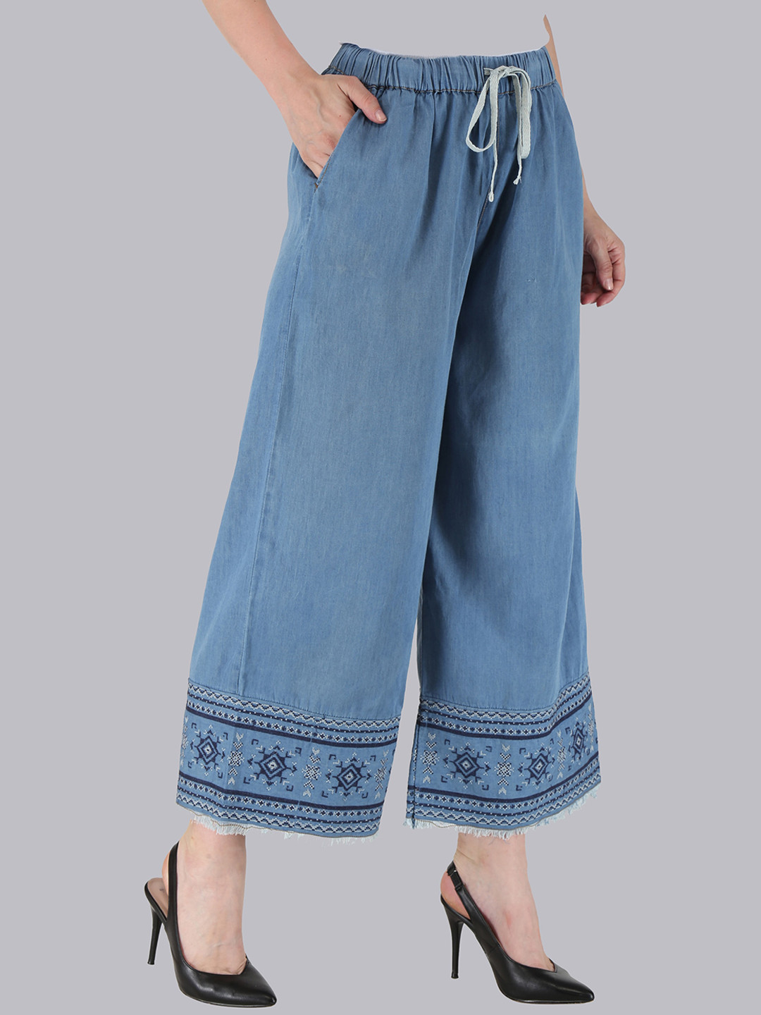 SUMAVI-FASHION Women Mid Rise Straight Fit Embroidered Denim Parallel Trousers