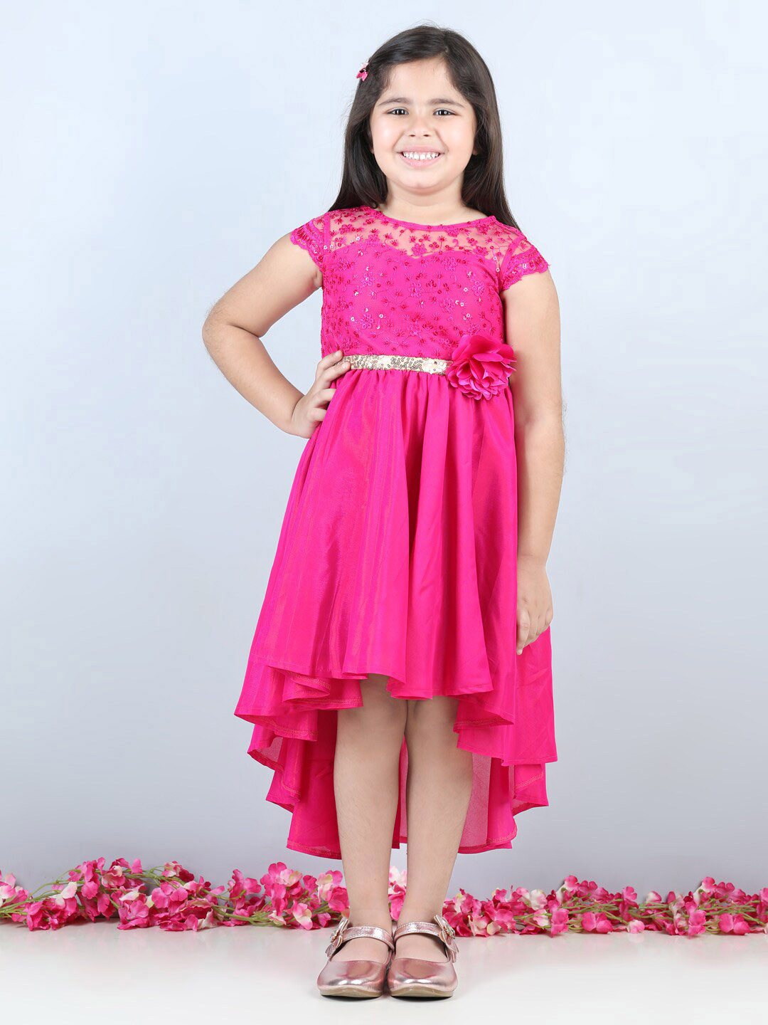 Toy Balloon kids Girls Floral Embroidered High Low Net Fit & Flare Dress