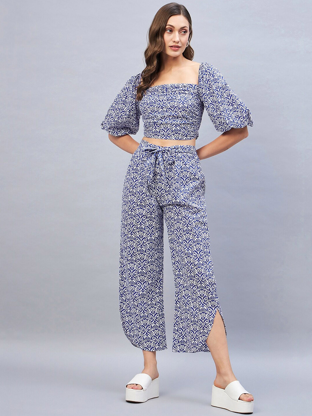 DELAN Printed Pure Cotton Crop Top With Palazzos Co-Ords