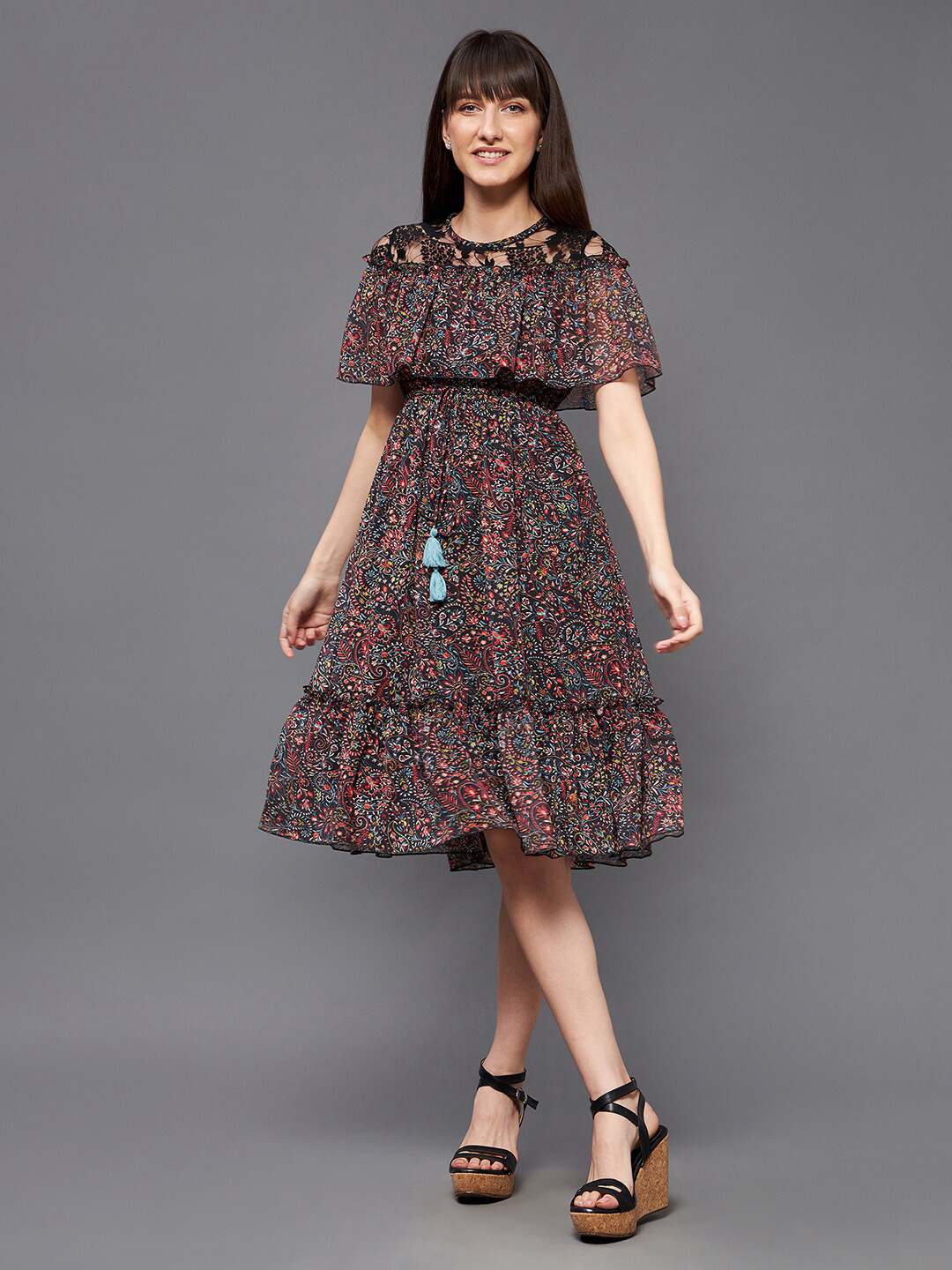 Miss Chase Black Floral Print Cape Sleeve Chiffon A-Line Dress