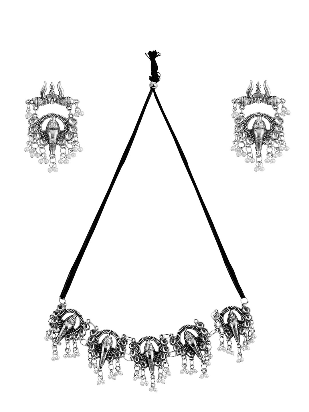 Samridhi DC Silver-Plated Stone Studded & Beaded Ganesha Jewellery Set